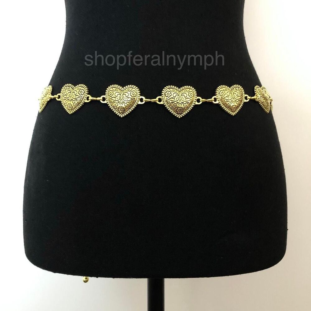 Vintage Y2K Boho Gold Textured Heart Chain Belt, Fits 22.5–40 Inches, X7GA1173